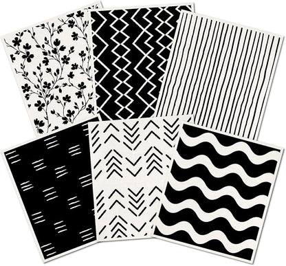 6Pcs 6 Styles Geometric Dish Cloths Swedish Dishcloths for Kitchen Reusable Wash Towels Washable Rectangle Cellulose Sponge White and Black Flower Simple Line Mixed Pattern for Cleaning
