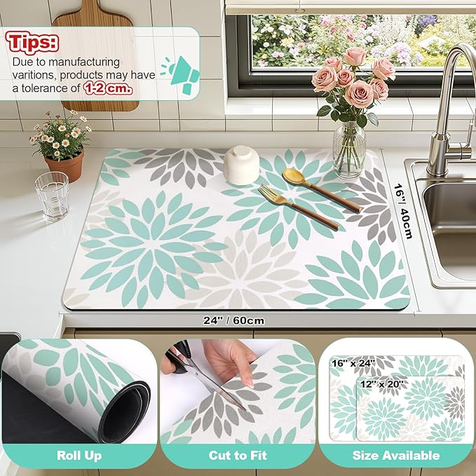 Findosom Floral Dish Drying Mat, 16" x 24" Super Absorbent & Hide Stain Coffee Mat, Cuttable Drying Mat for Kitchen Counter, Under Dish Rack, Coffee Maker, Espresso Machine, Teal
