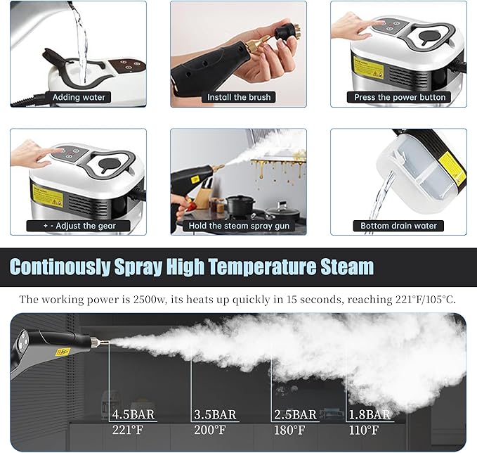 Powerful 2500W Handheld Steam Cleaner,15s Fast Heat-Up & High-Pressure Steam, 6-Level Adjustable Settings for Deep Cleaning on Floors, Kitchen, Bathroom, Car, Grout (Matte Black)