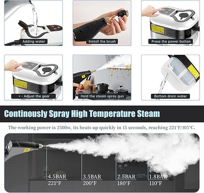 Powerful 2500W Handheld Steam Cleaner,15s Fast Heat-Up & High-Pressure Steam, 6-Level Adjustable Settings for Deep Cleaning on Floors, Kitchen, Bathroom, Car, Grout (Matte Black)