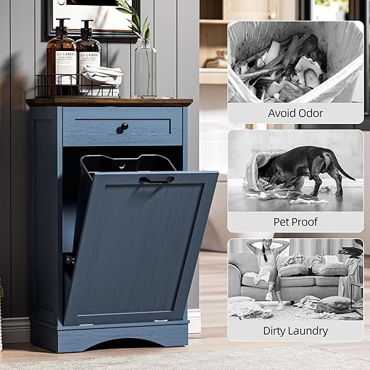 AHB 13 Gallons Tilt Out Trash Cabinet Hidden Trash Can Cabinet Freestanding Garbage Recycling Cabinet with Hideaway Drawer Pet Proof Trash Bin for Kitchen Living Room, Blue