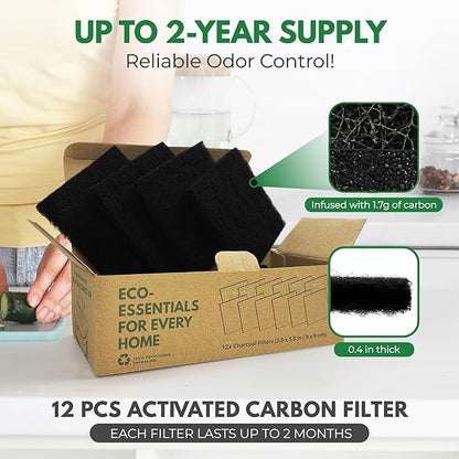 AIRNEX Charcoal Filters for Compost Bucket 3.5 in Square - Pack of 12 Odor Blocking Compost Filters for Countertop Bin, Trash Cans & Litter Boxes - Universal Replacement Compost Bin Filter Charcoal
