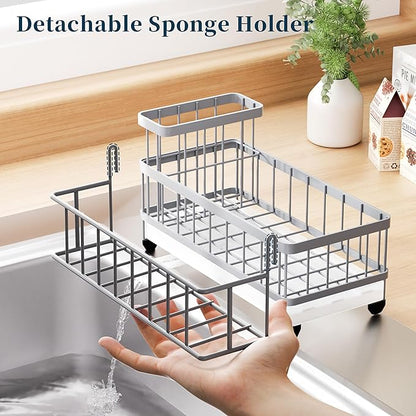 Consumest Sponge Holder for Kitchen Sink - Auto Draining Sink Caddy Organizer with Detachable Rack, High Brush Holder, Kitchen Countertop Storage Accessories, Grey