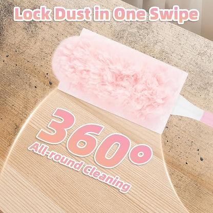 30 Count Pink Duster Refills Compatible with Swiffer Handle, 360° Multi-Surface Duster Refills with 1 Handle, 5X Microfibers Disposable Dusters for Home, Office Cleaning