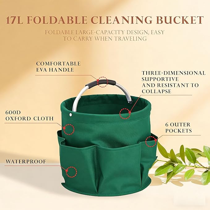 Cleaning Caddy with Handle,Cleaning Supplies 17L Foldable Storage Basket,Portable Multi Bucket Organiser Mop Bucket for Home Garden (Green)-11 x 11inches