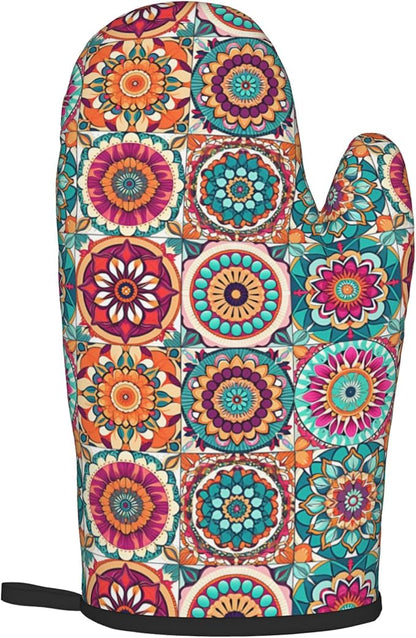 Boho Oven Mitts and Pot Holders - Mexican Flower Kitchen Mitt Sets of 2 Bohemian Oven Gloves Hot Pads for Cooking Baking Grilling
