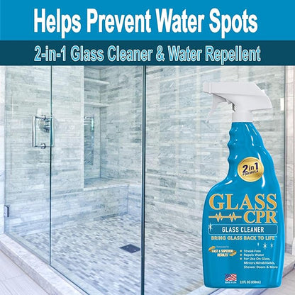 Glass CPR 2-in-1 Glass Cleaner and Water Repellent, 22 oz Spray plus 2 Microfiber Applicator Towels, Streak-Free for Shower Doors, Windshields, Mirrors, Hard Water Stain Formula, Made in USA