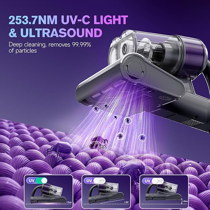Mxnsewr Mattress Vacuum Cleaner, Ultrasonic Bed Vacuum Cleaner with 18Kpa Strong Suction, 150°F Heat & 253.7nm UV-C Light, Intelligent Dual Cup, One-Click Dust Removal for Bed, Sofa, Pet Hair, Gray