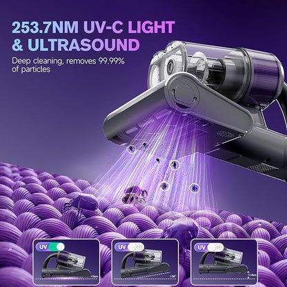 Mxnsewr Mattress Vacuum Cleaner, Ultrasonic Bed Vacuum Cleaner with 18Kpa Strong Suction, 150°F Heat & 253.7nm UV-C Light, Intelligent Dual Cup, One-Click Dust Removal for Bed, Sofa, Pet Hair, Gray