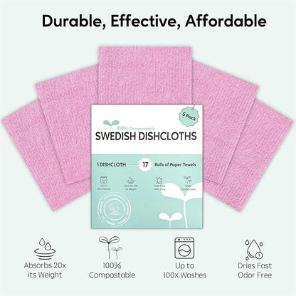 Swedish Dishcloths for Kitchen, 5 Pack Swedish Dish Cloths, Ultra Absorbent Reusable Paper Towels, Cellulose Sponge Cloths, Quick Drying, No Odor, Dishwasher Safe Pink