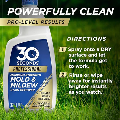 30 SECONDS Pro Mold and Mildew Stain Remover | Scrub Free | Brighter Results Instantly | Ready To Use | 32 oz Spray Bottle, 1 Gallon Refill