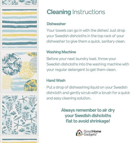 Swedish Dishcloths for Kitchen | 6-Pack Ocean Collection | Absorbent Reusable Swedish Dishcloths, Eco-Friendly Cellulose Sponge Dishtowels
