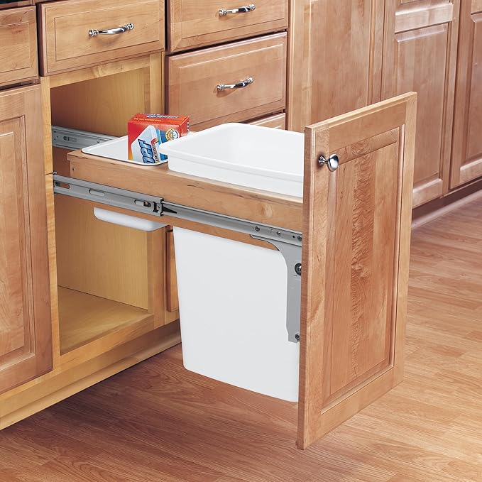 Rev-A-Shelf 35 Qt Top Mount Single Pullout Under Cabinet Kitchen Trash Cans for Base Cabinets, 150 Pound Rated Full-Extension Slides, Min Opening Width of 11.5", White, 4WCTM-12DM1-175