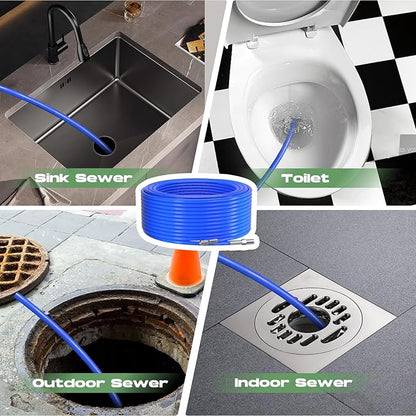 Sewer Jetter Kit for Pressure Washer 100FT, 5800 PSI Water Jet Drain Cleaner Hose 1/4 Inch NPT Corner, Rotating and Button Sewer Jetting Nozzles, Waterproof Tape, Spanners, and Pearl Corsage Pin