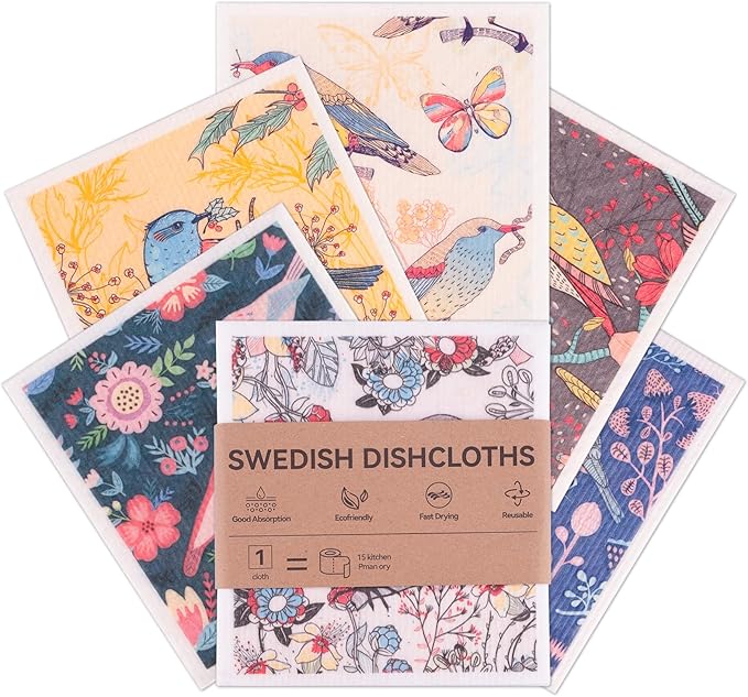 Polly Online Swedish Dishcloths for Kitchen,6 Pack Cloth Paper Towels Reusable Washable,Super Absorbent Dish Towels,No Odor,Biodegradable,Flowerbirds Design