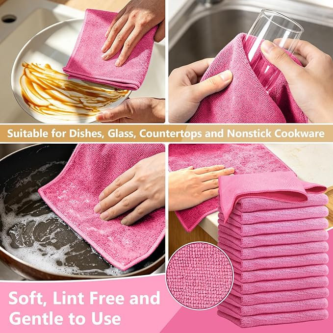 Kitchen Dish Cloths, 12 Pack, 10 x 10 Inches, Soft Absorbent Dish Towels, Lint Free Reusable Dish Rags for Dishwashing, Drying and Daily Cleanup, Hot Pink