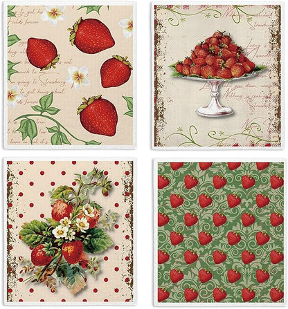 Swedish Dishcloths for Kitchen, Papaya Reusable Paper Towels Washable, Vintage Strawberries Swedish DishCloths for Friut, 4 Pack Dish Towels for Kitchen