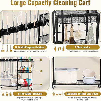 Broom Holder with Cleaning Supplies Organizer, Cleaning Utility Cart on Wheels, 10 Clips & 7 Hooks, 3-Tier Shelves, Broom Closet Storage Cabinet with Cleaning Caddy for Home Commercial Use