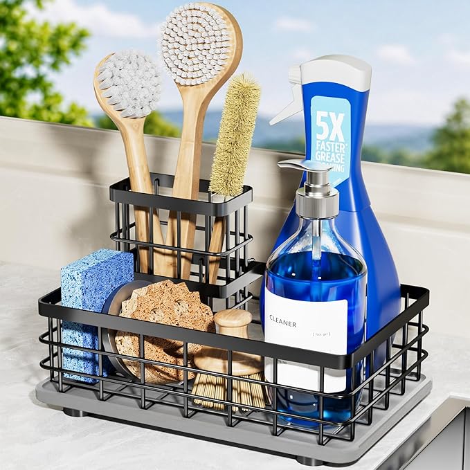 Extra Large Kitchen Sink Caddy Organizer, Stainless Steel Sponge Holder for Kitchen Sink with Brush Holder, Diatomite Stone Sink Tray for Soap Dispenser, Sponge, Kitchen Essentials and Gadgets, Black