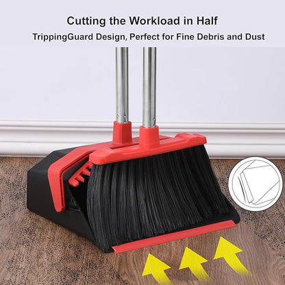 Tiumso Upgrade Broom with Dustpan Combo Set, Broom and Dustpan Set with 51'' Long Handle, Dust Pan and Brooms, ZeroGap Lip, Self-Cleaning Dustpans Teeth for Lobby Kitchen Restaurant - Black and Red