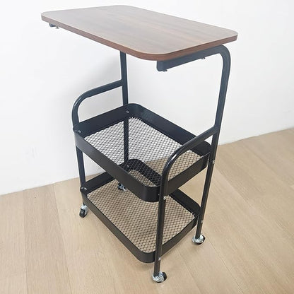 3 Tier Rolling Utility Cart Organizer with Walnut Table Top, Metal Stable and Sturdy Rolling Storage Carts with 2 Lockable Wheels for Kitchen，Snacks，Coffee，Bathroom，Makeup，Craft