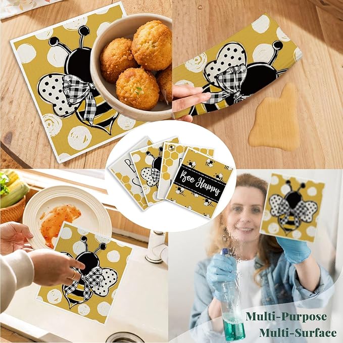 Bee Summer Yellow Swedish Dishcloths for Kitchen, Swedish Dish Cloths for Bee Happy, Papaya Reusable Paper Towels, 4 Pack Dish Towels for Kitchen, Papaya Reusable Paper Towels Washable