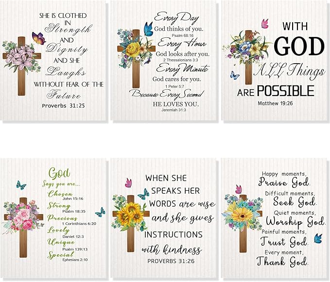 6 Pcs Christian Kitchen Towels Swedish Religious Dish Towels Reusable Bible Verse Cross Dishcloths Wipes Scripture Cleaning Hand Towel Bathroom Christian Gift for Women Inspirational Church