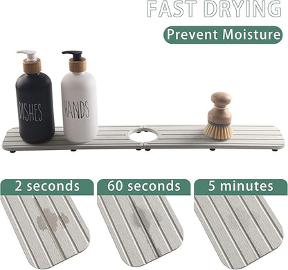 NiuYichee 23.6inch x 4inch Kitchen Sink Faucet Mat, Water Absorbing Stone Faucet Splash Guard for Bathroom Counter, Quick Drying Diatomite Tray for Kitchen Sink, Light Gray