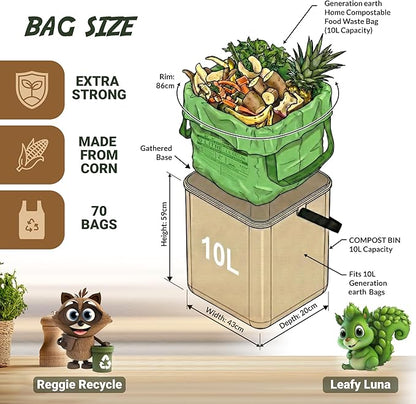 70 Bags 2.6 Gallon (10L) | Extra Strong Compostable Food Waste Bags | BPI Certified Corn Starch Bin Liners | Biodegradable Kitchen Countertop Compost Bags | Generation earth