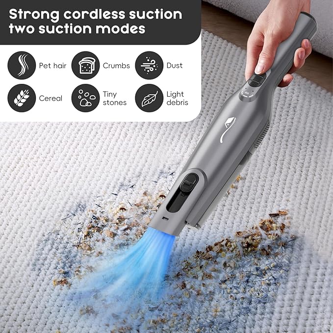 Cordless Handheld Vacuum, Lightweight Portable Hand Vacuum Cleaner with LED Light,Rechargeable Hand Held Vacuum with One-Touch Empty, Powerful Suction for Office, Home,Car, Silver