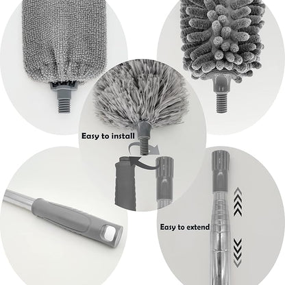 Microfiber Duster with Telescoping Extension Pole(30-100 Inches) Kit, 4 Cleaning Head and 1 Mini-Duster. Reusable, Bendable, Washable Feather Dusters for Cleaning Fans Cobwebs Ceilings Blinds