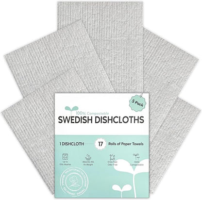 Swedish Dishcloths for Kitchen, 5 Pack Swedish Dish Cloths, Ultra Absorbent Reusable Paper Towels, Cellulose Sponge Cloths, Quick Drying, No Odor, Dishwasher Safe Grey