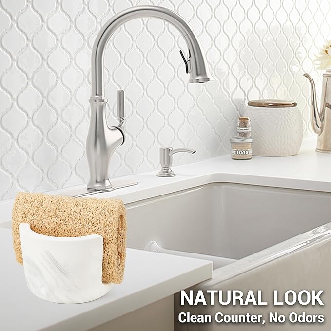 Diatomite Sponge Holder for Kitchen Sink Counter, Quick Drying, Fast Water Absorbent Stone Tray, 1 Slot Dish Sponge Rack, Kitchen Organizer, White Marble Pattern