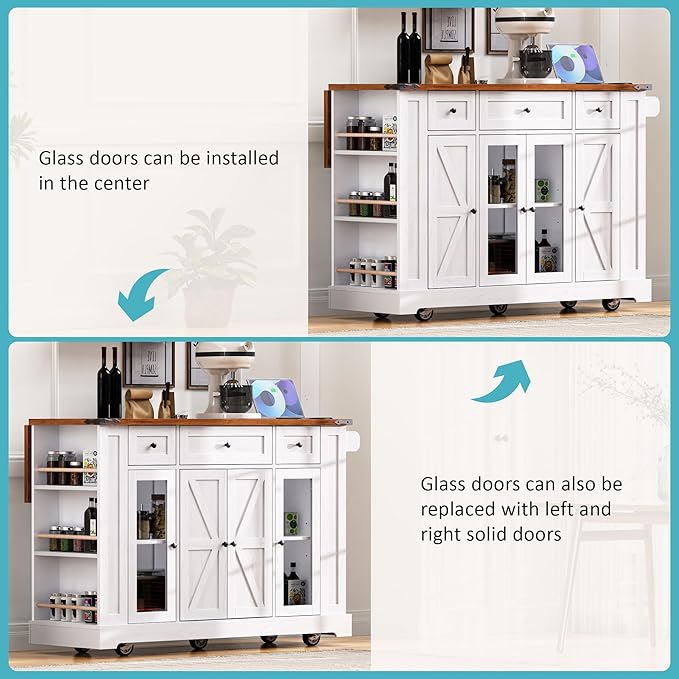 53" Farmhouse Kitchen Island with 2 Tempered Glass Cabinet Doors, Power Outlet, Rolling Kitchen Cart on Wheels with Drop Leaf, 5 Open Side Racks, 3 Drawers, for Kitchen, White