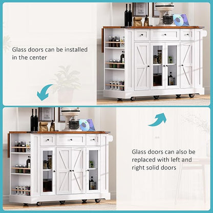 53" Farmhouse Kitchen Island with 2 Tempered Glass Cabinet Doors, Power Outlet, Rolling Kitchen Cart on Wheels with Drop Leaf, 5 Open Side Racks, 3 Drawers, for Kitchen, White
