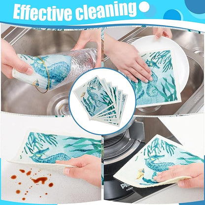 Remagr 6 Pcs Swedish Kitchen Dish Towels Kitchen Cloths Reusable Sponge Cleaning Cloths Absorbent Dish Cloth Quick Drying Washable Cleaning Wipes No Odor Hand Towel (Marine Life)