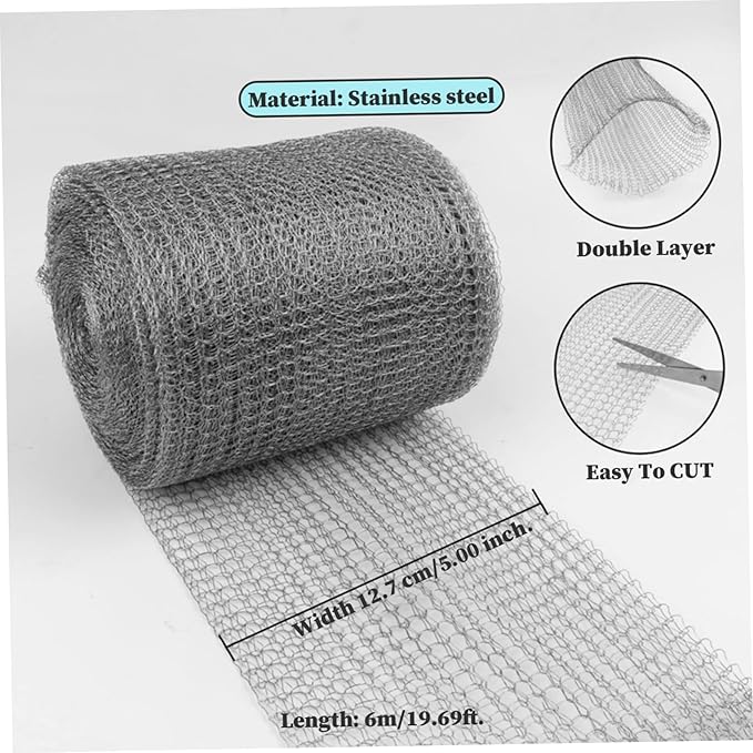 Stainless Steel Mesh Gap Blocker, Steel Wool Mice Blocker, 20ft Wire Mesh Hole Fill Fabric, Stainless Wool Roll