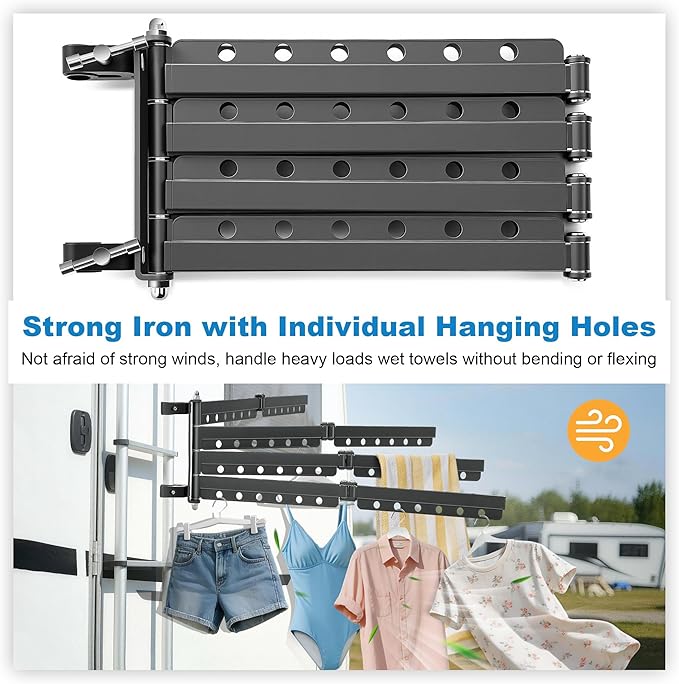 Saillong RV Clothes Drying Rack, Iron Material, 4 Sturdy Arms, Holds up to 48 Pieces of Clothing Once, Motorhomes Ladder Drying Rack for Laundry (1 Pack)