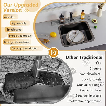 Diatomite Sink Faucet Splash Guard U Shape, 24" Large Stone Sink Tray, Modern Faucet Handle Drip Catcher Stone, Durable Faucet Draining Mat Protector for Kitchen Bathroom Island Counter, Light Grey