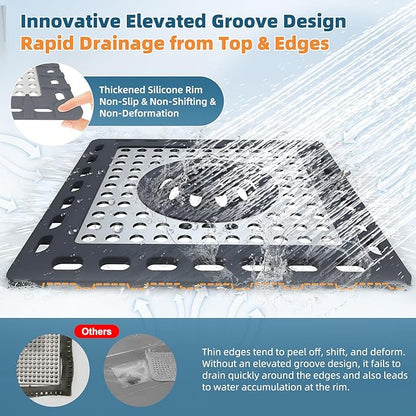 Hibbent Upgraded Shower Drain Hair Catcher for Bathroom Floor 4" Drain, Anti-Clogging Shower Drain Cover, Stainless Steel & Silicone Drain Strainer with Handle, Shower Drain Protector, Dark Grey