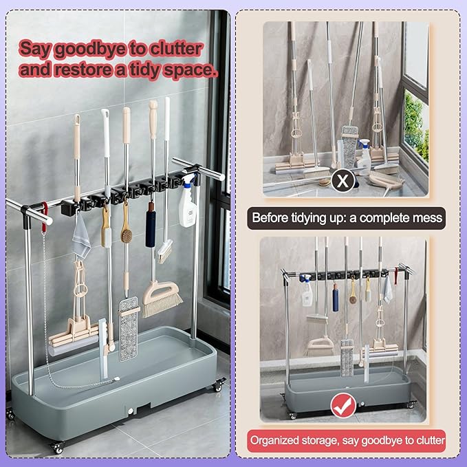 SARKEY Mop Broom Organizer With Wheels,Rolling Janitor Cart With Wheels,Freestanding Housekeeping Storage,With Drip Tray,For Garage,Garden,Schools Hotels,Closet,Cabinet(100x40x96cm(39x16x38in))