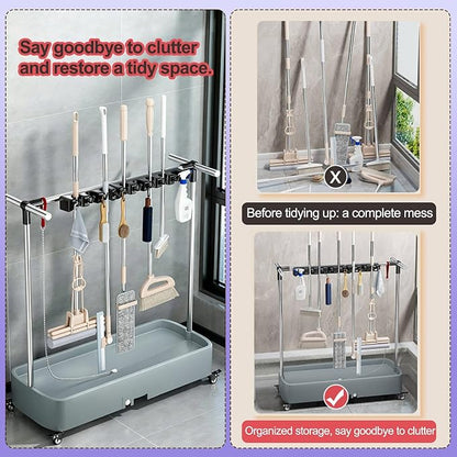 SARKEY Mop Broom Organizer With Wheels,Rolling Janitor Cart With Wheels,Freestanding Housekeeping Storage,With Drip Tray,For Garage,Garden,Schools Hotels,Closet,Cabinet(70x40x96cm(28x16x38in))