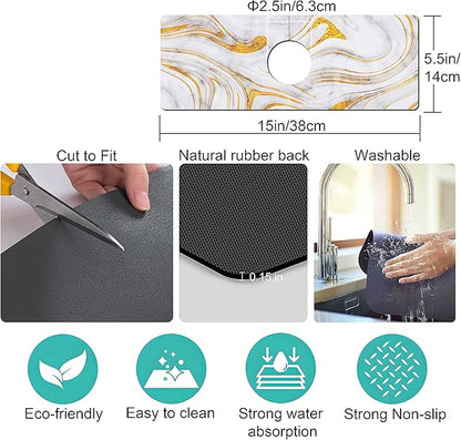 Kitchen Sink Splash Guard Faucet Mat Super Absorbent Fast Drying Mat Sink Gadgets Splash Guard Behind Faucet Drip Catcher for Kitchen (Marbling, 15x5.5in)