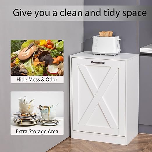 Zvyteay 13 Gallons Tilt Out Trash Can Cabinet, Wooden Free Standing Kichen Waste Bin Recycling Cabinet Hidden Trash Cabinet (White)