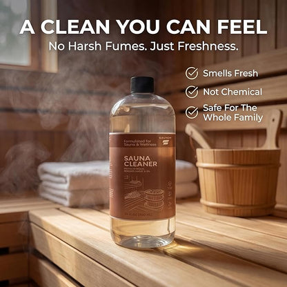 Heavy Duty Sauna Cleaner for Home & Infrared Saunas — 32 fl oz — Makes 5–10 Gallons — Perfect for Sauna Wood Benches/Walls/Floors, Removes Sweat, Oil, Dirt & Odors