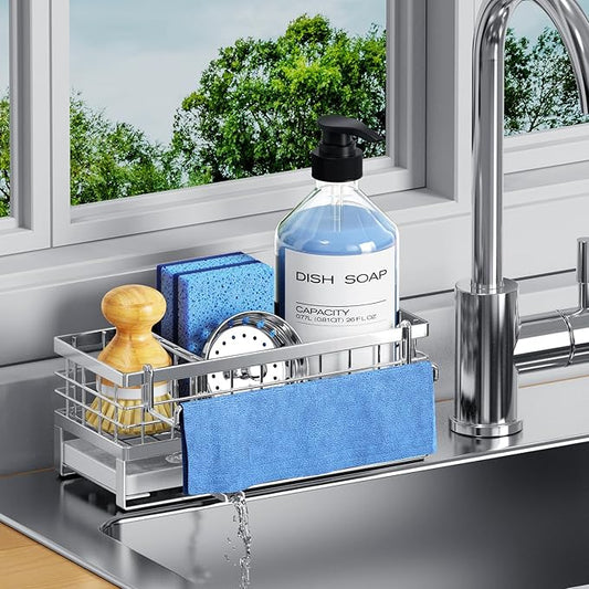 Kitchen Sink Sponge Holder - Self-Draining, Detachable Dish Cloth Holder, Rustproof Kitchen Countertop Organizer (Stainless Steel)