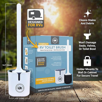 Unique RV Toilet Bowl Brush, Compact, Silicone Bristles, Won't Damage Toilets or Seals, Wall-Mount No-Drip Holder, Value Pack (Pack of 2)