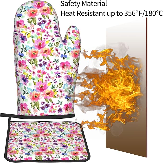 Floral Oven Mitts and Pot Holders Sets Spring Summer Kitchen Mitts Colorful Blossom Potholders 2PCS Wildflower Oven Gloves Hot Pads for Kitchen Baking Cooking