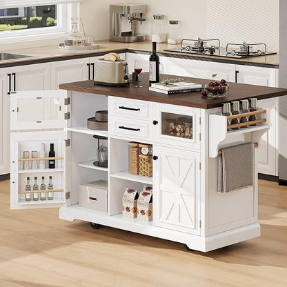 54.9" Large Kitchen Island with Drop Leaf, Power Outlet, Kitchen Storage Islands with Cross Barn Doors & Visual Glass Door, Rolling Kitchen Cart on 4 Wheels, White