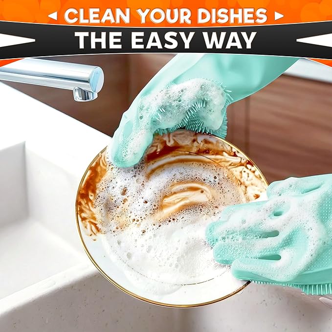 ALPENKOK Silicone Dishwashing Gloves with Scrubber – Non-Slip Silicone Gloves wor Washing Dishes | Household Use